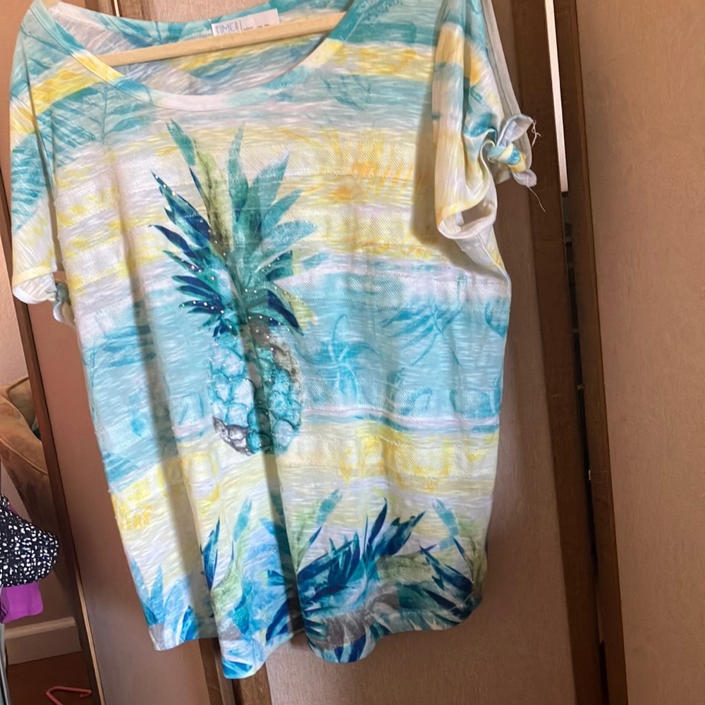FINAL MARKDOWN Time and tru Women's Pineapple Print Top - Blue and Yellow xxl